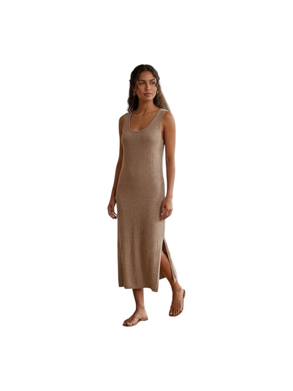 Barefoot Dreams CozyChic Ultra Lite Tank Midi Dress Taupe Side Slit L